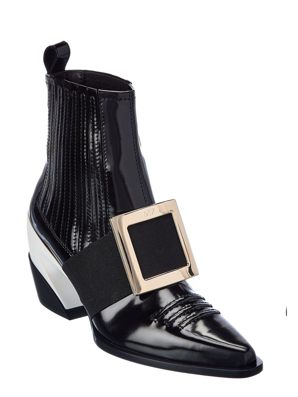 Roger Vivier Black Patent Leather Pointed Buckle Ankle Boots